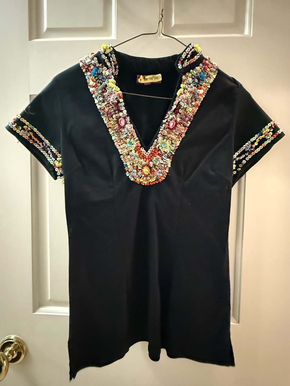 Embroidered V-Neck Black Tunic with Multicolor Beadwork